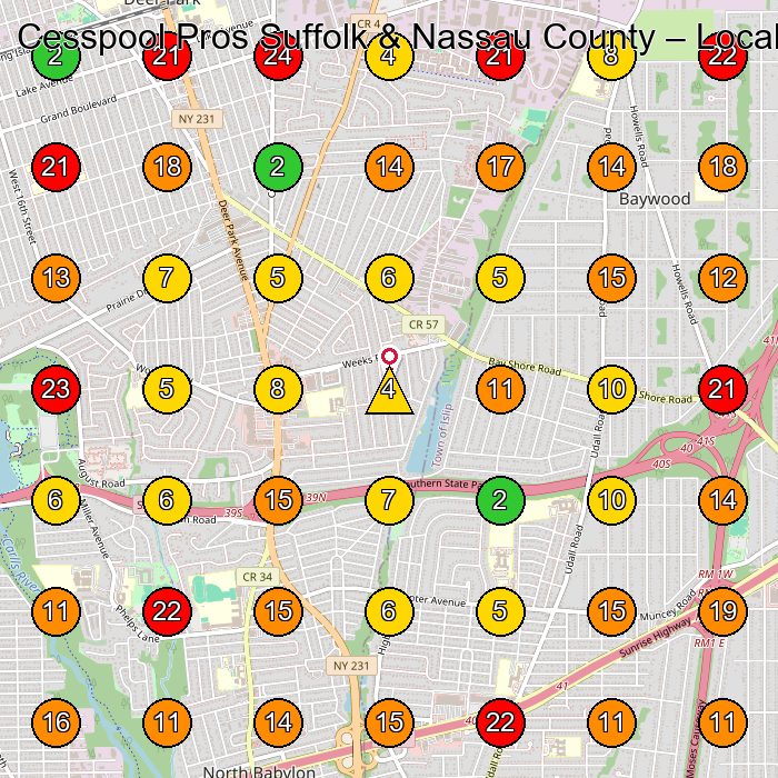 Cesspool Pros Suffolk & Nassau County Septic System Service GeoGrid ranking map for Deer Park NY